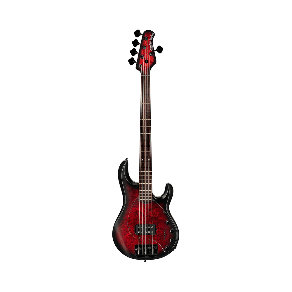 Sterling by Music Man Ray35 Poplar Burl Top 5-String Bass Guitar, Dark Scarlet Burst Satin
